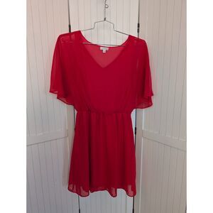 Charming Charlie Coral Chiffon Mini Dress M V Neck Flutter Sleeve Elastic Waist